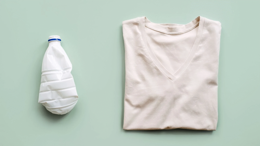 A flattened plastic bottle next to a folded light beige t-shirt on a soft green background, symbolizing the use of recycled materials in fashion.