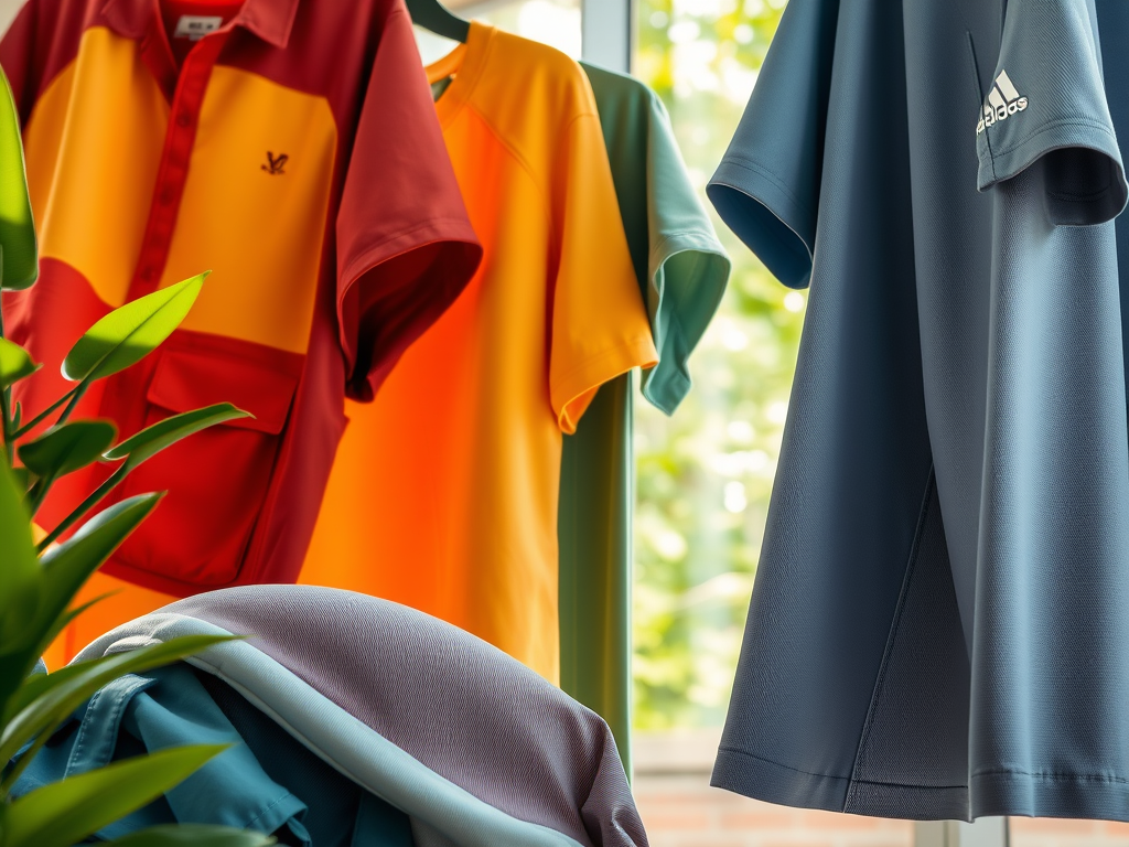 Summer workwear shirts in vibrant colours hanging near a window, highlighting breathable and durable textile fabrics.