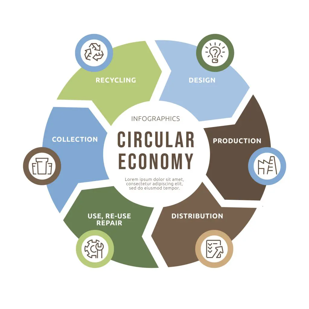 Infographic illustrating the concept of circular economy, featuring eight key components: Recycling, Design, Production, Distribution, Collection, Use, Re-use, Repair.