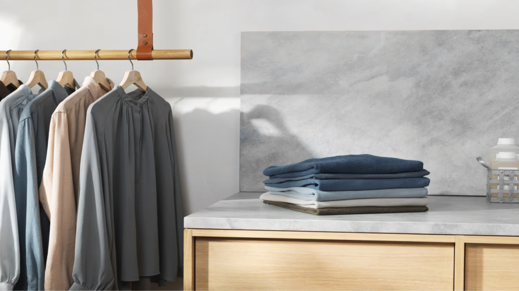 Prendas colgadas en una percha de madera y pilas de ropa doblada sobre una superficie clara.