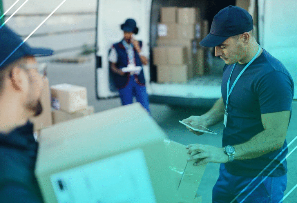 Un trabajador revisa un paquete mientras sostiene una tablet, en un entorno de logística con cajas apiladas en un vehículo de transporte.