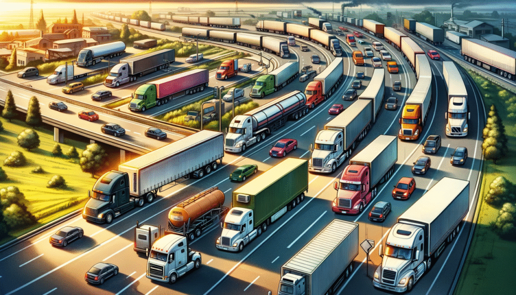 A busy highway scene showing multiple trucks and vehicles navigating through traffic in a picturesque landscape during sunset.