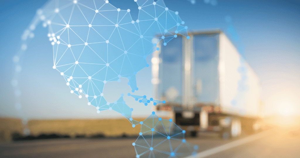 A blurred image of a truck on a road with an overlay of a blue network map, symbolizing logistics and global supply chains.