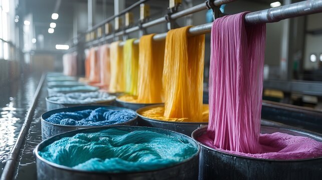 Eco-friendly fabrics being immersed in vats of vibrant coloured dyes inside a textile manufacturing facility.