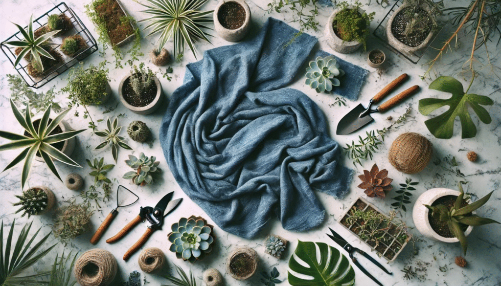 Flat lay composition of gardening tools, potted plants, and an eco-friendly blue fabric cloth, arranged aesthetically on a light surface.