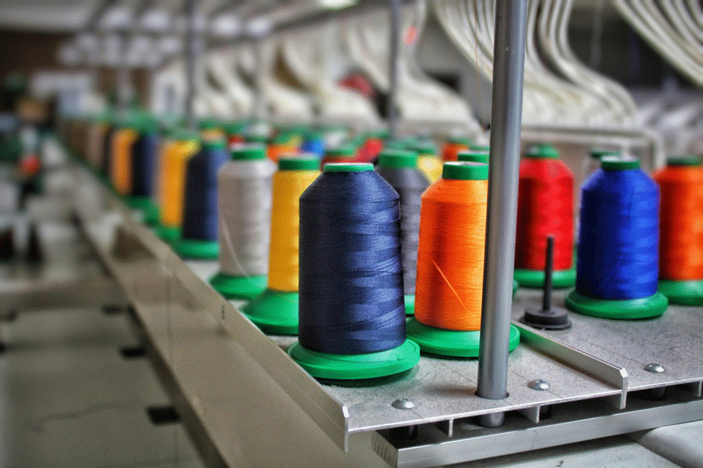 Colourful spools of thread in QSP Textile’s factory, highlighting international textile manufacturing, sustainable production and global presence in Bangladesh, China and Spain.