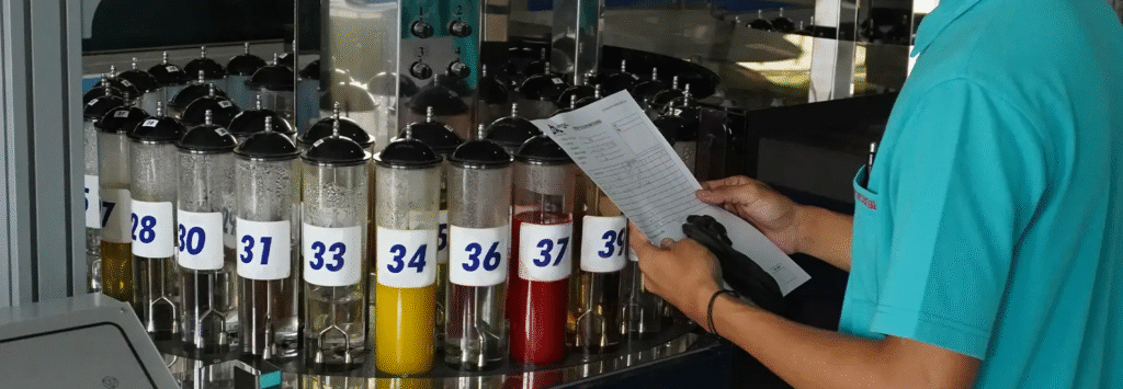 Technician inspecting dye sample containers with numbered labels, holding a checklist during a textile colour testing process.