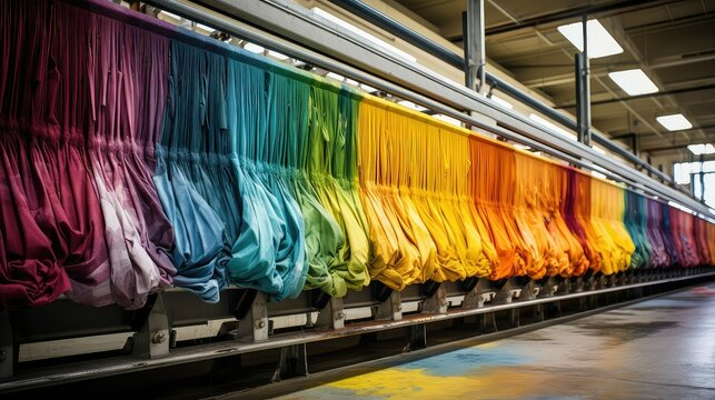 Rows of vibrant eco-friendly fabrics in gradient colours undergoing the Dope Dye process inside a textile manufacturing facility.