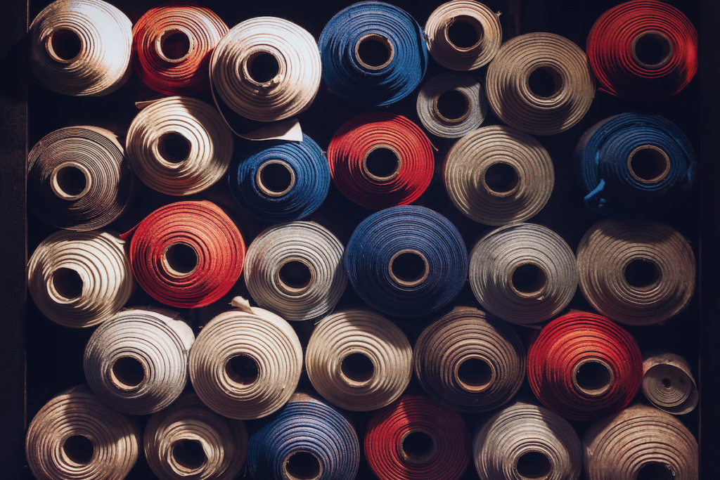 A variety of colourful textile rolls, including shades of red, blue, and cream, are neatly stacked in rows. This organised display represents QSP’s commitment to supplying a diverse range of high-quality materials for large-scale textile production and international garment manufacturing.