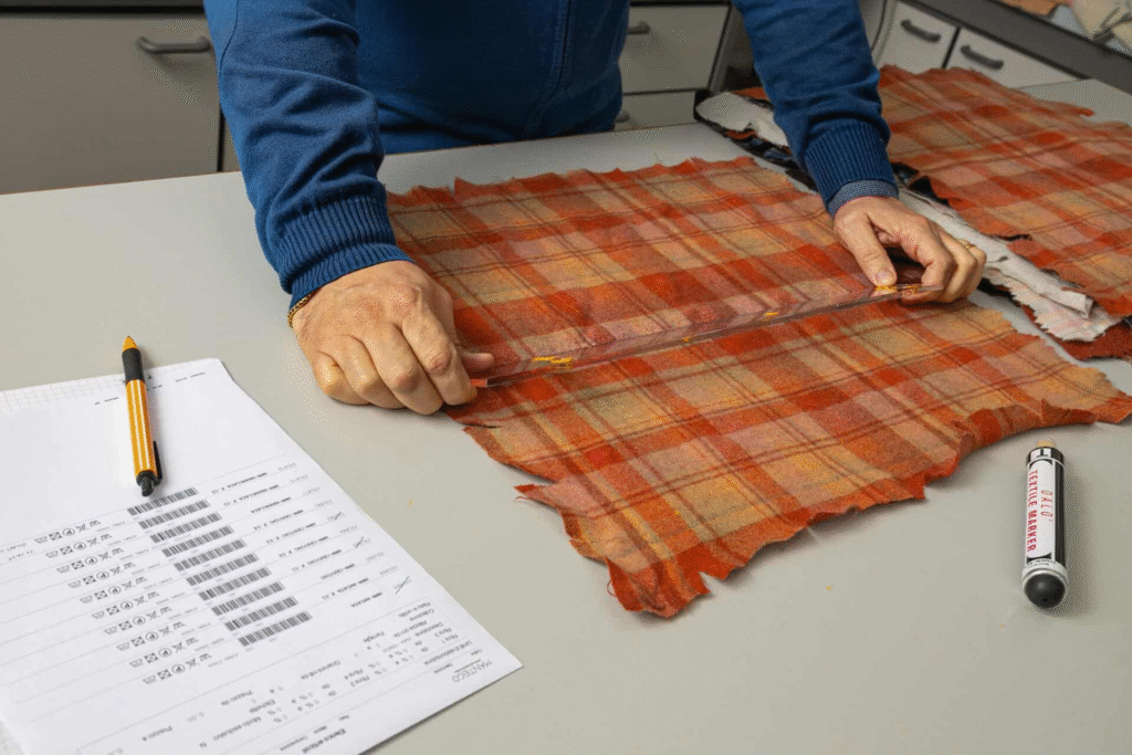 QSP Textile worker carefully measuring sustainable fabric during quality control, ensuring professional standards and high-quality textiles.