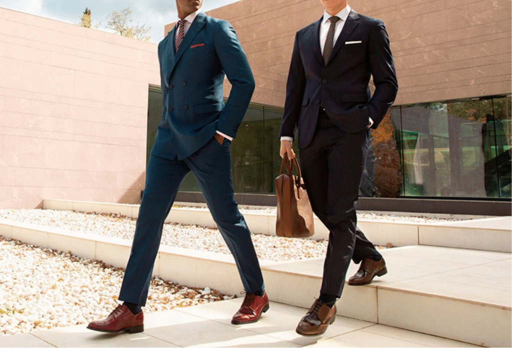 Professionals wearing elegant business suits made with QSP Textile fabrics, highlighting quality, sustainability, and modern design for workwear fashion.